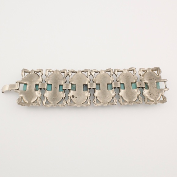 Vintage Karu Arke Faux Turquoise Panel Bracelet Silver Tone Mid-Century Bohemian - Picture 6 of 7